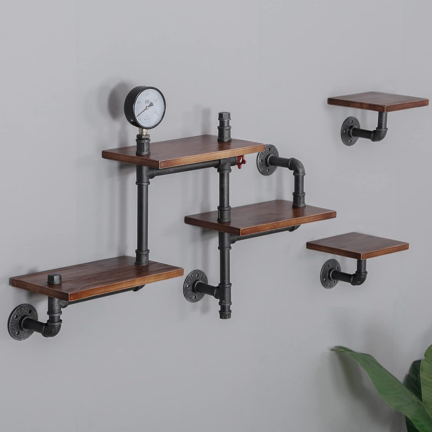 Industrial Rustic Pipe Shelving Floating Shelves Wall Mounted, 5 Laye Modern Wood Ladder Pipe Wall Shelf for Bar Living Room DIY Storage Shelving Bookcase