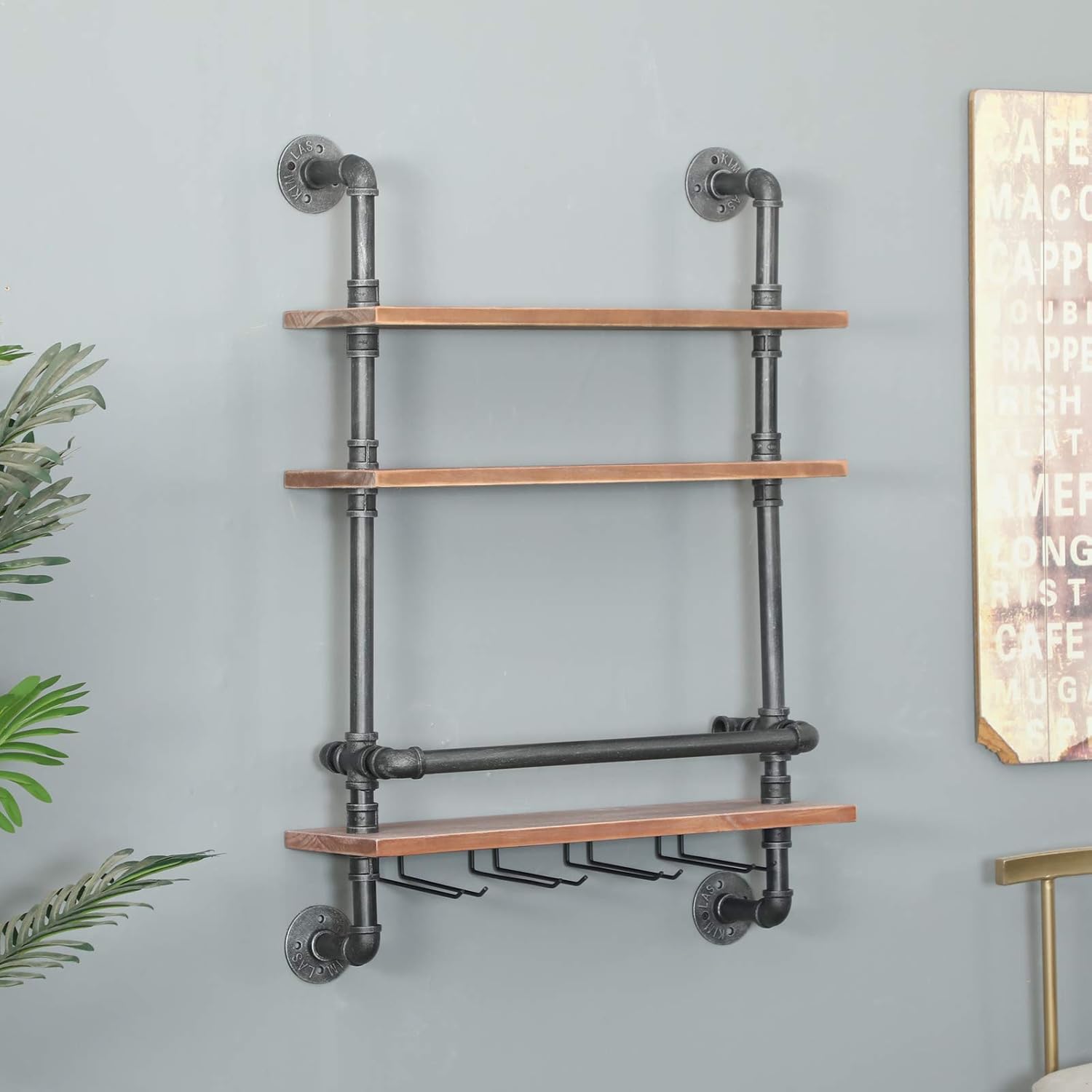Rustic Wine Rack Wall Mounted Industrial Wine Rack with 4 Stem Glass Holder,24in Real Wood Shelves Kitchen Wall Shelf Unit,3-Tiers Floating Bar Shelves Bottle Holder Storage Shelves