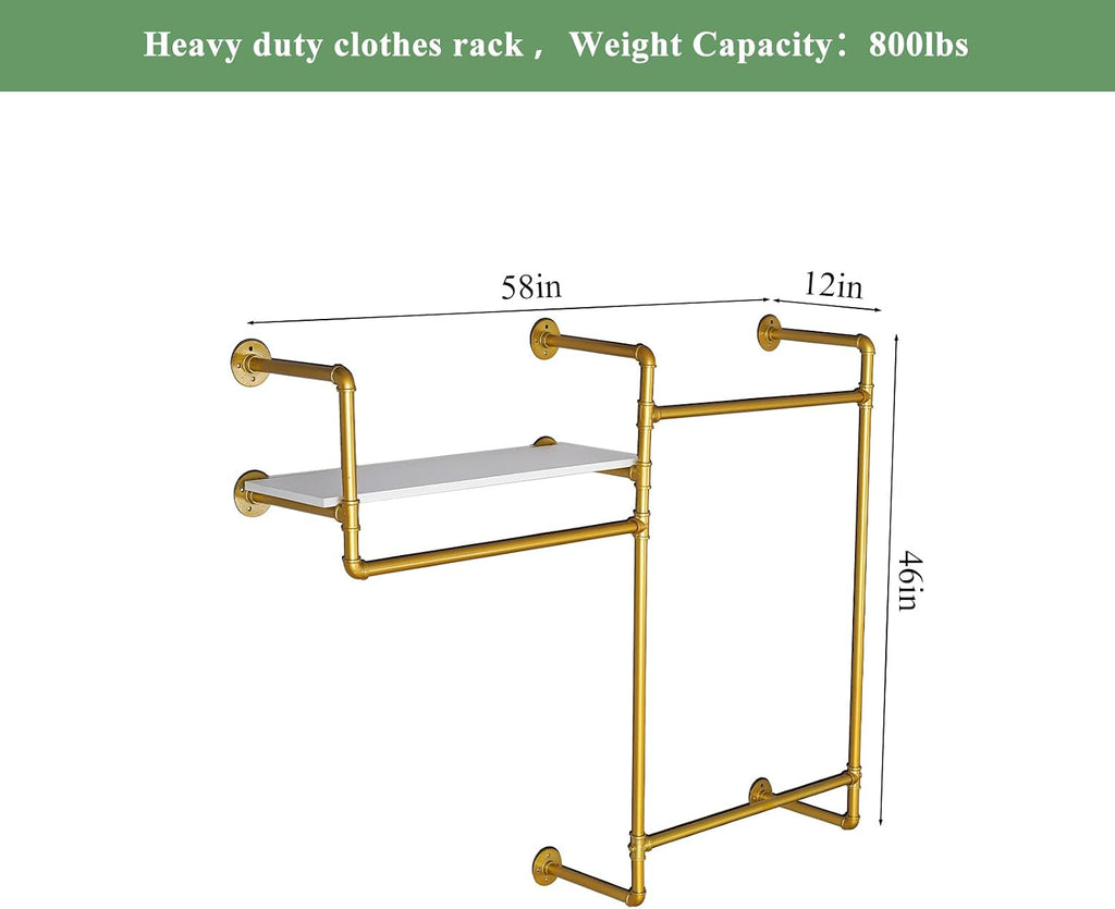 Industrial Pipe Clothing Rack, Wall Mounted Heavy Duty Garment Rack with Wood Shelf, Rustic Metal Closet Organizer for Bedroom, Laundry Room & Retail Store Display, Gold, 58”W x 12”D x 46”H