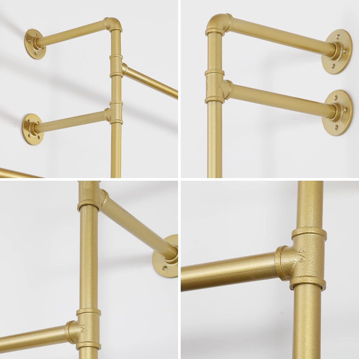 Industrial Pipe Clothing Rack Wall Mounted 5 Hanging Rods Garment Bar, Heavy Duty Closet Storage Rod Vintage Commercial Clothes Racks for Hallway Retail Boutique (Gold)