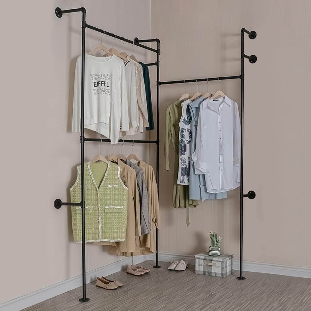 Wall Mounted Industrial Pipe Clothing Rack Garment Racks Pipeline Vintage Rolling Rack On Wall, Heavy Duty Rustic Gold Metal Garment Frame for Bedroom, Living room (Black)