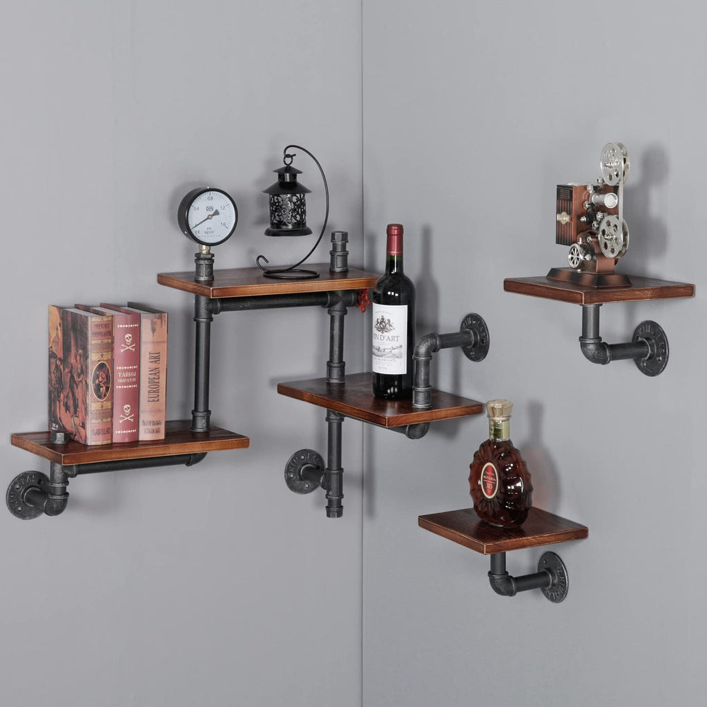 Industrial Floating Pipe Wall Shelves Rustic Wood Shelving, 5 Layer Pipe Design Bookshelf DIY Shelving for Living Room Bathroom Farmhouse Bar Industrial Decor