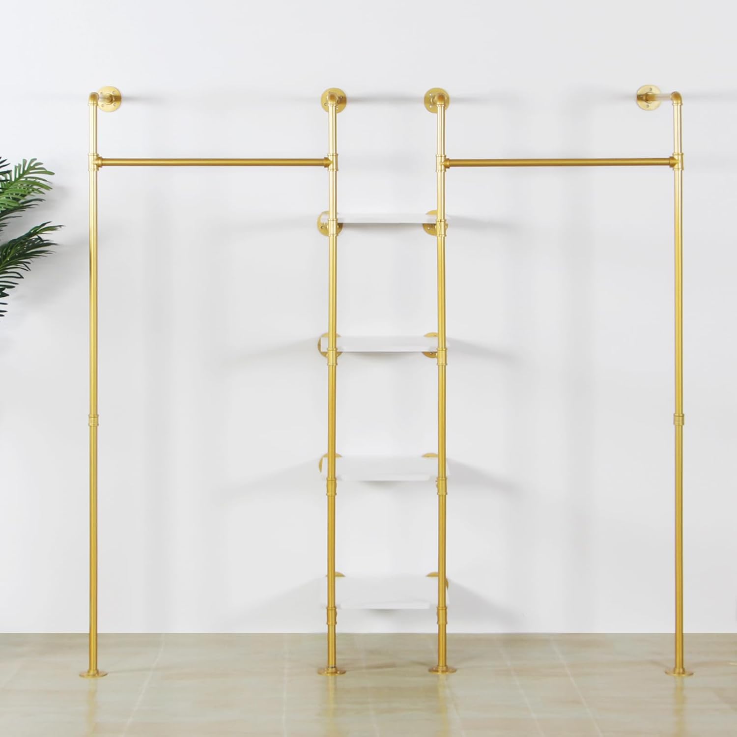 Industrial Pipe Gold Clothing Rack with Shelves, Retail Display Wall Mounted Storage Clothes Hanging Shelf Gold Pipeline Hanging Rod Steampunk Style, 4 Tier Wood Garment Rack 72.8x71inch