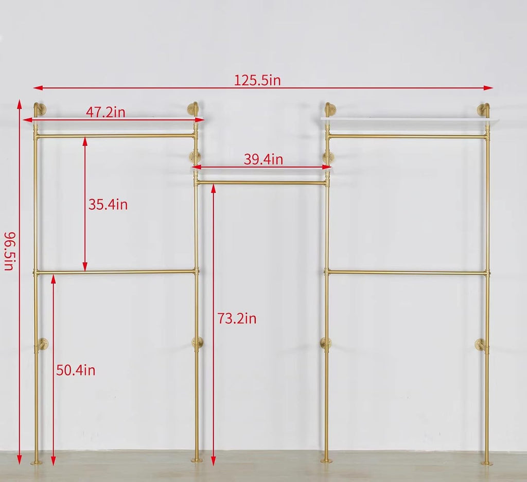 Industrial Pipe Clothing Rack Wall Mounted 5 Hanging Rods Garment Bar with Storage Shelf, Heavy Duty Metal Clothes Racks Closet System for Hanging Clothes Retail Display (Gold)