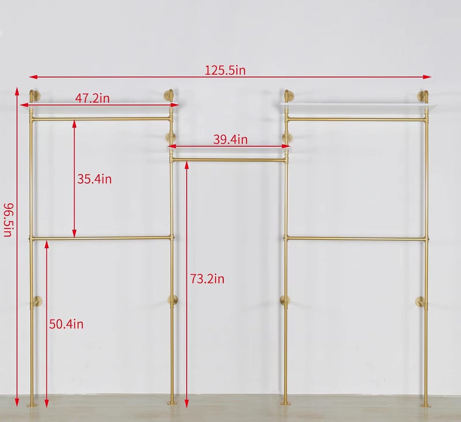 Industrial Pipe Clothing Rack Wall Mounted 5 Hanging Rods Garment Bar with Storage Shelf, Heavy Duty Metal Clothes Racks Closet System for Hanging Clothes Retail Display (Gold)