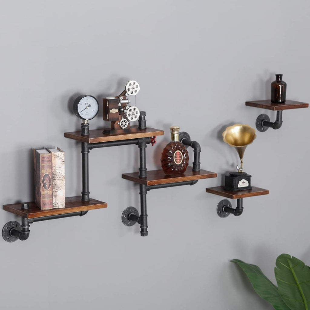 Industrial Rustic Pipe Shelving Floating Shelves Wall Mounted, 5 Laye Modern Wood Ladder Pipe Wall Shelf for Bar Living Room DIY Storage Shelving Bookcase