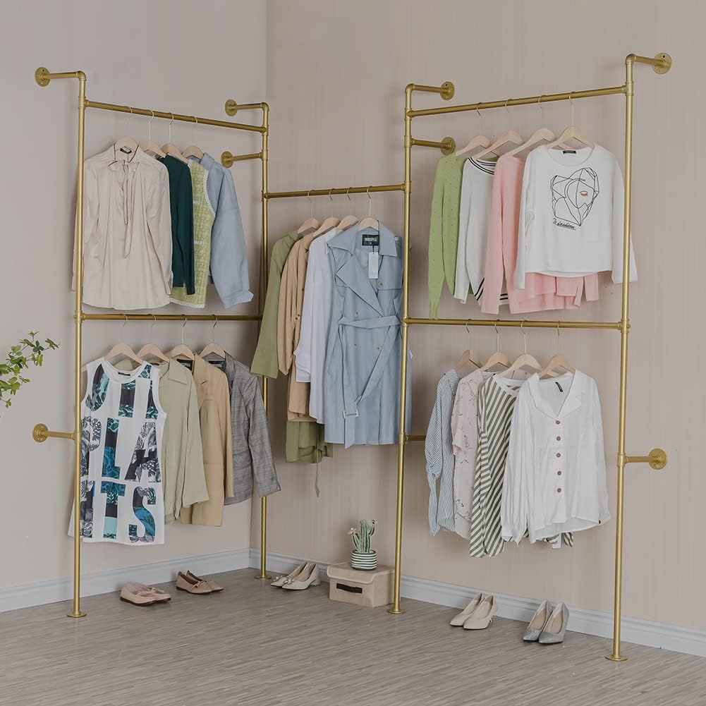 Industrial Pipe Clothing Rack Wall Mounted 5 Hanging Rods Garment Bar, Heavy Duty Closet Storage Rod Vintage Commercial Clothes Racks for Hallway Retail Boutique (Gold)