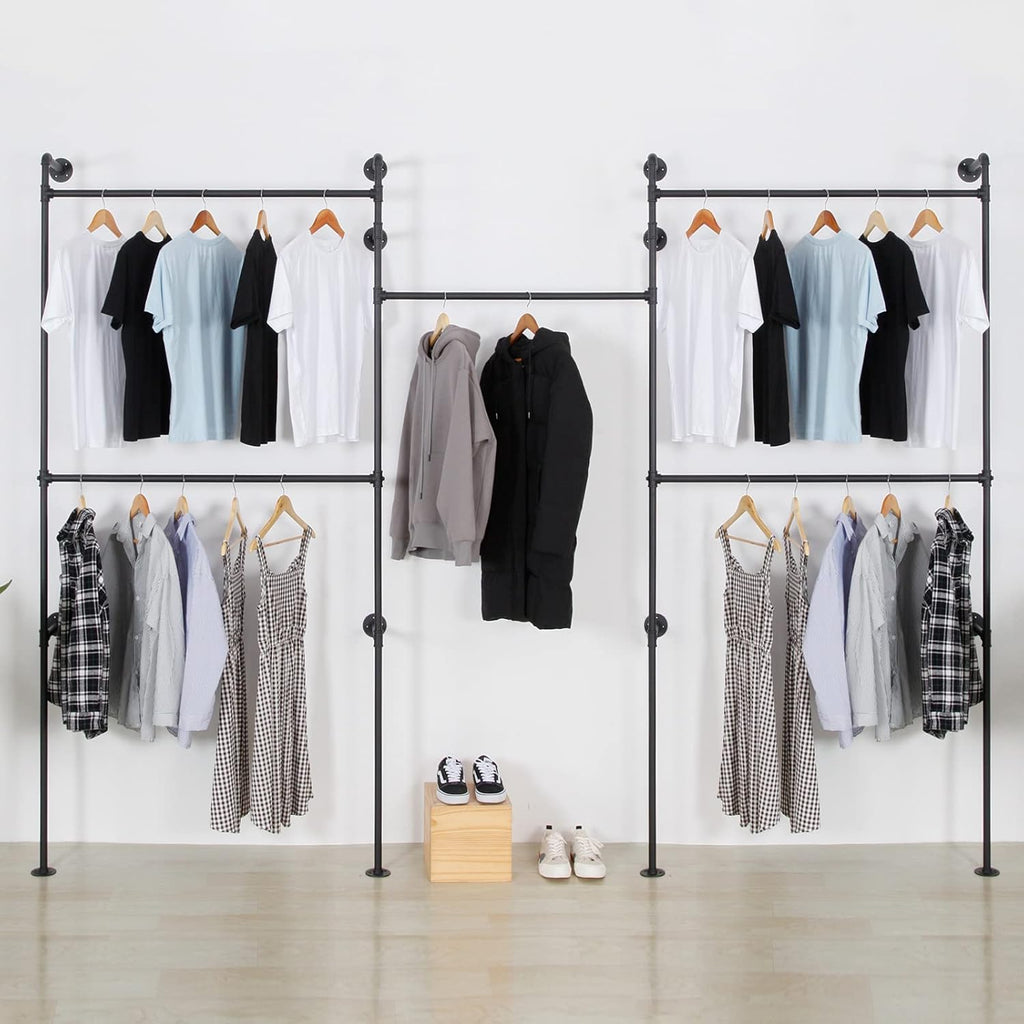 Industrial Pipe Clothes Rack, Heavy Duty Detachable Wall Mounted Black Iron Garment Bar, Clothing Store Display Stands Garment Rack Closet System (125.5 x 93.7inch)