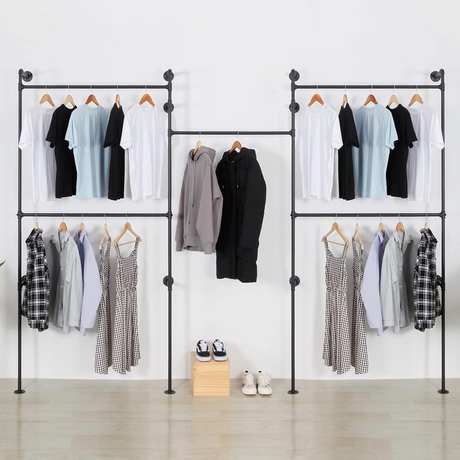 Industrial Pipe Clothes Rack, Heavy Duty Detachable Wall Mounted Black Iron Garment Bar, Clothing Store Display Stands Garment Rack Closet System (125.5 x 93.7inch)