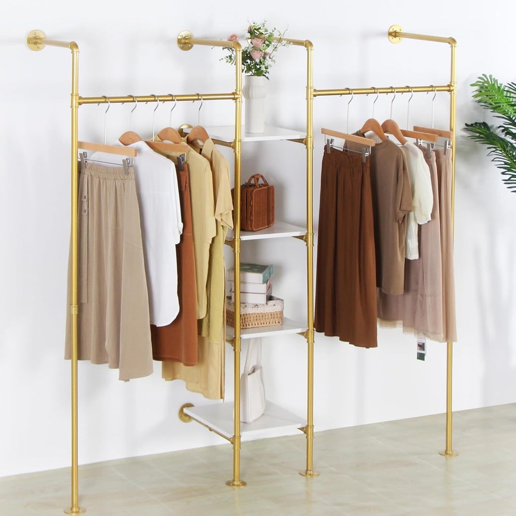 Industrial Pipe Gold Clothing Rack with Shelves, Retail Display Wall Mounted Storage Clothes Hanging Shelf Gold Pipeline Hanging Rod Steampunk Style, 4 Tier Wood Garment Rack 72.8x71inch