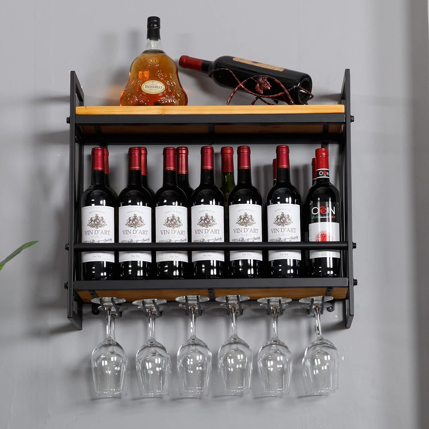 Wall Wine Stemware Glass Rack, 23.6in Wall Mounted Wine Racks with 6 Stem Glass Holders Industrial, 2-Tier Wood Shelf, for Wine Glasses Flutes Mugs Home Kitchen Decor Display Rack