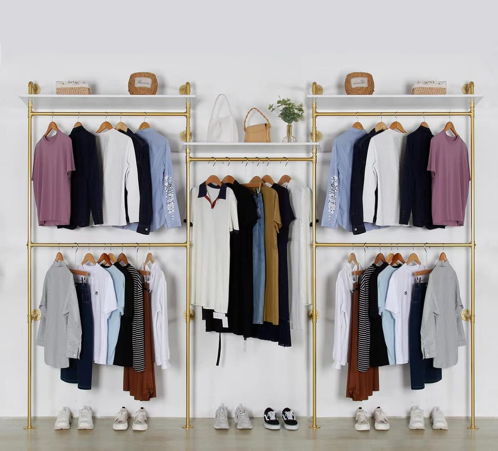 Industrial Pipe Clothing Rack Wall Mounted 5 Hanging Rods Garment Bar with Storage Shelf, Heavy Duty Metal Clothes Racks Closet System for Hanging Clothes Retail Display (Gold)