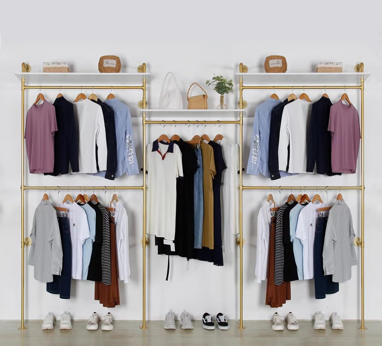 Industrial Pipe Clothing Rack Wall Mounted 5 Hanging Rods Garment Bar with Storage Shelf, Heavy Duty Metal Clothes Racks Closet System for Hanging Clothes Retail Display (Gold)