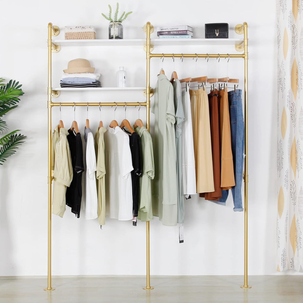 Gold Industrial Pipe Clothing Rack - Wall Mounted Clothes Rack with 2 Hanging Rods & 2 Tier Shelves, Closet Organizers and Storage for Shop, Retail Display, Bedroom, 79.5 x 59in
