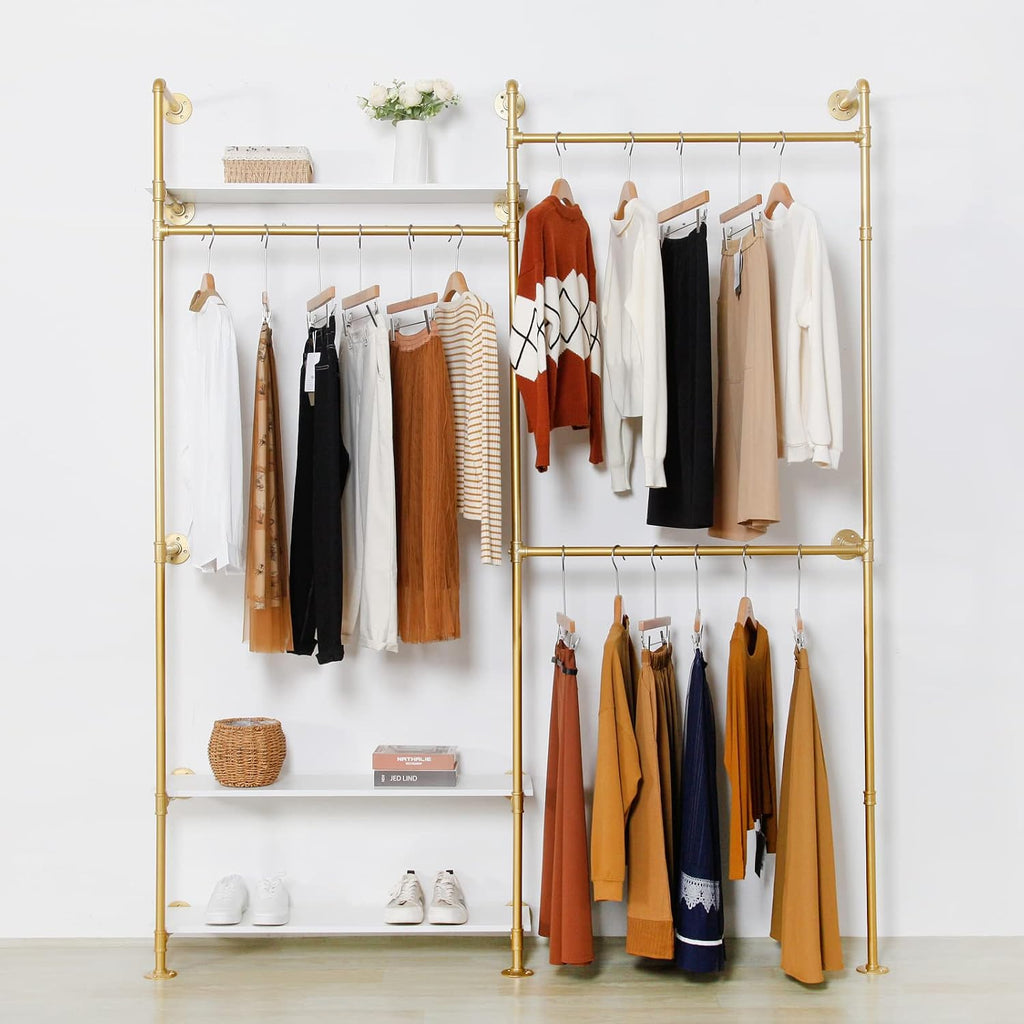 Heavy Duty Industrial Clothing Rack - 3-Tier Wall Mounted Garment Rack with Wood Shelves, Golden Pipe Closet Storage Organizer for Retail Stores & Bedroom (92.1X76.8inch)