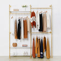 Heavy Duty Industrial Clothing Rack - 3-Tier Wall Mounted Garment Rack with Wood Shelves, Golden Pipe Closet Storage Organizer for Retail Stores & Bedroom (92.1X76.8inch)