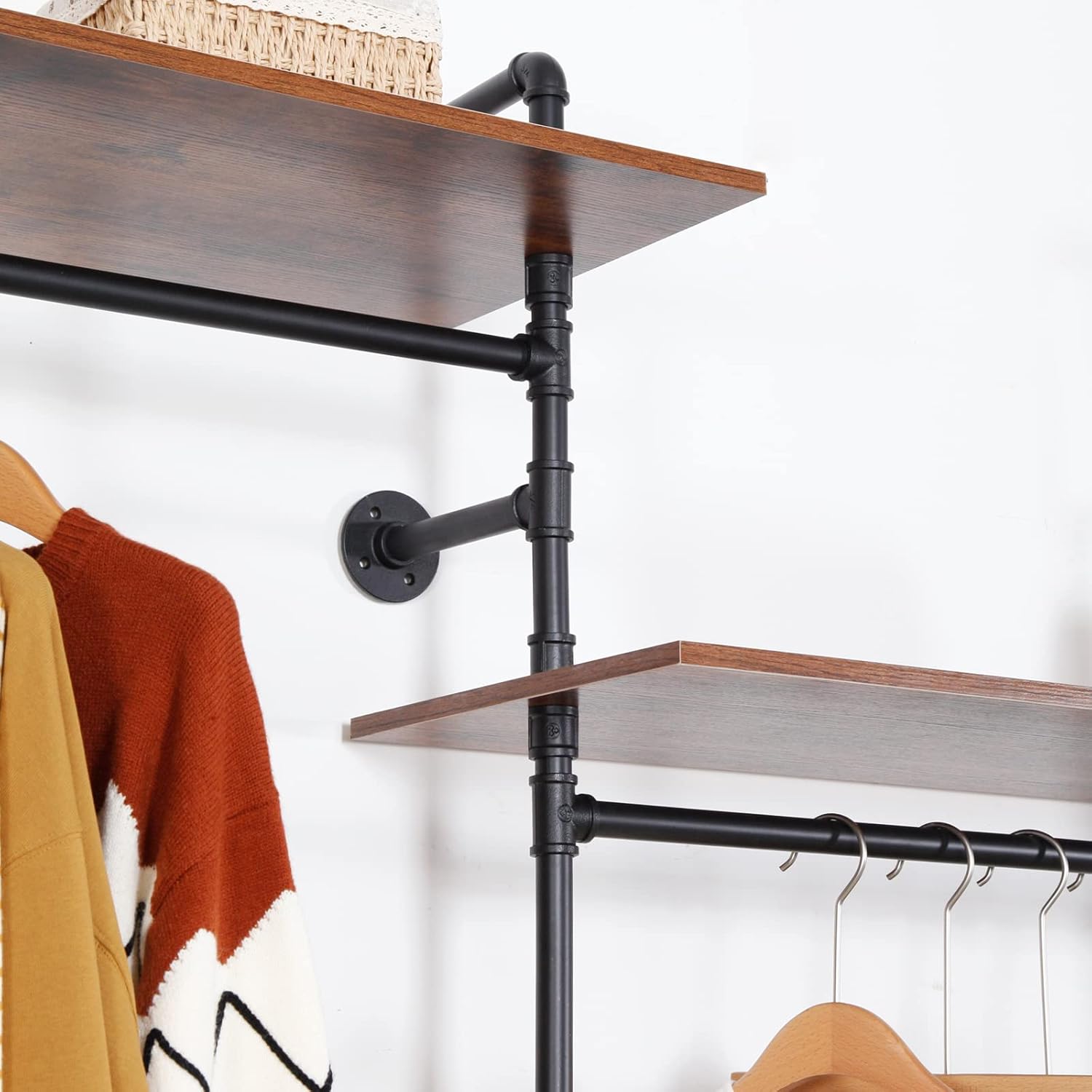 Industrial Pipe Clothing Rack with 2 Shelves, Clothes Rack Wall Mounted Heavy Duty Clothing Store Display Stands Garment Rack Closet System(Black, 96.5x80.7inch)