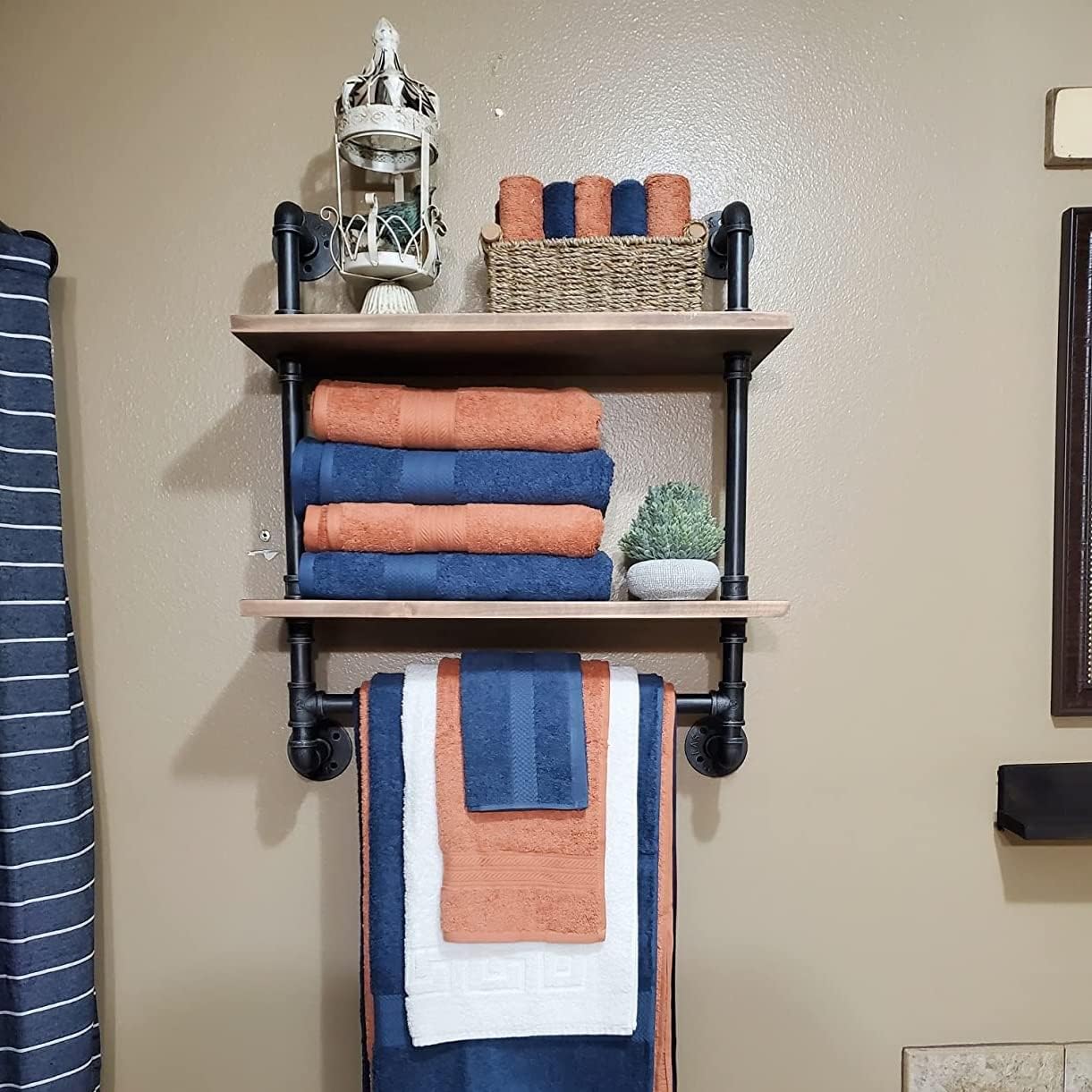 Industrial Pipe Shelving Bathroom Floating Shelves Wall Mounted, 2 Tier 24 inch Rustic Wood Shelf with Towel Bar, Farmhouse Towel Rack Bathroom Shelf Over Toilet