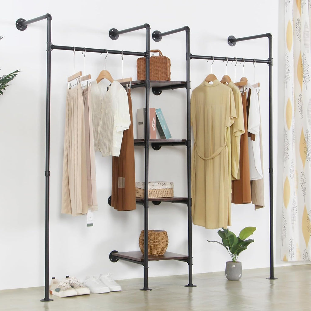 Wall Mounted Industrial Pipe Heavy Duty Clothes Rack, Clothing Rods for Hanging Clothes, Freestanding Clothing Rack with 2 Hang Rods & 4 Shelves, 72.8" W x 17.7" D x 71" H