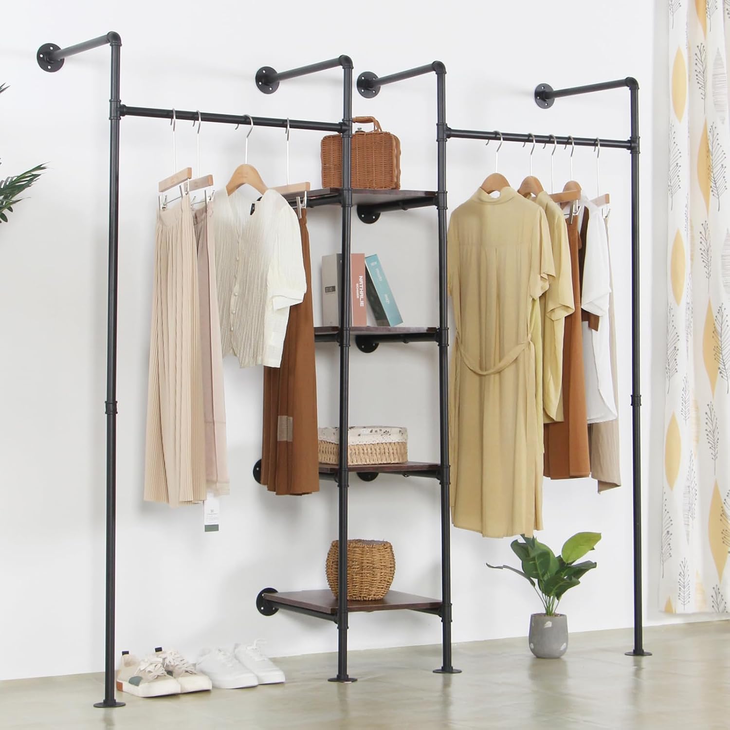 Wall Mounted Industrial Pipe Heavy Duty Clothes Rack, Clothing Rods for Hanging Clothes, Freestanding Clothing Rack with 2 Hang Rods & 4 Shelves, 72.8" W x 17.7" D x 71" H