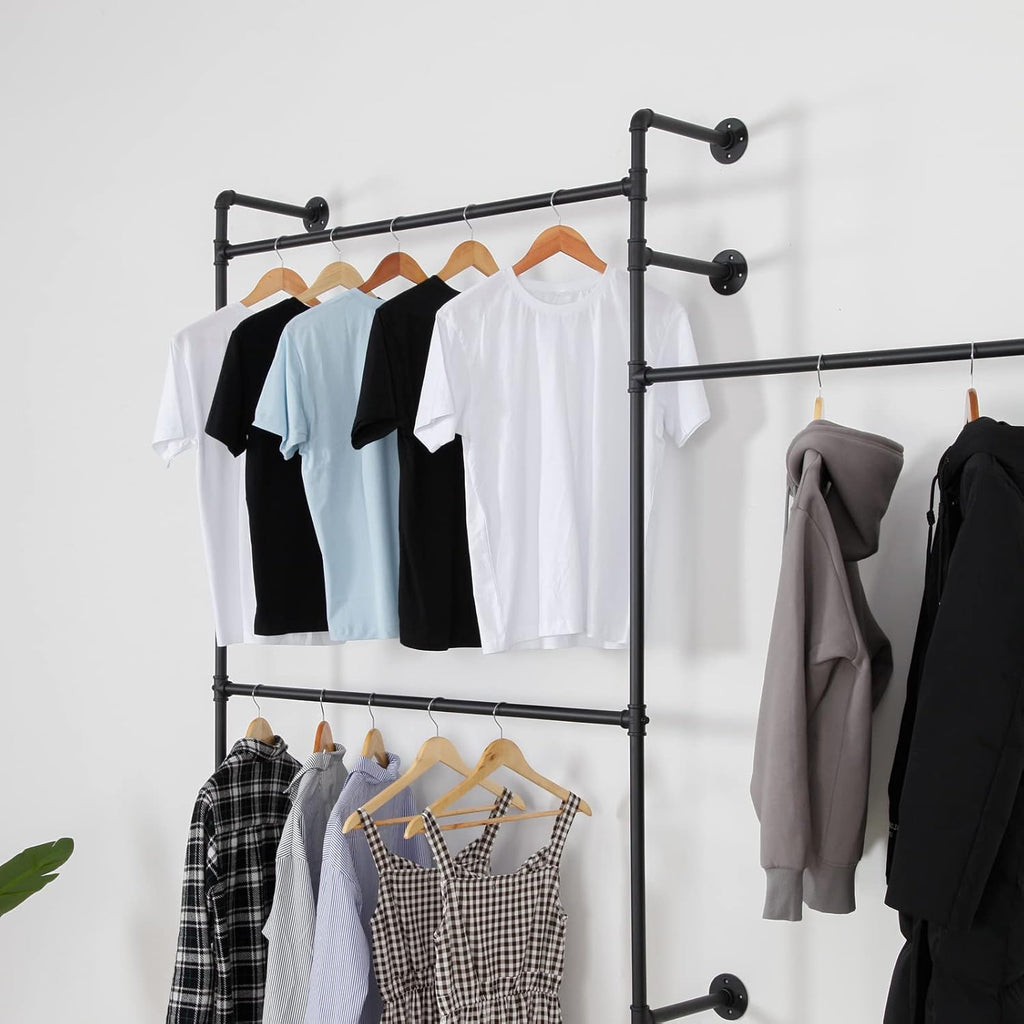Wall Mounted Industrial Pipe Clothing Rack Garment Racks Pipeline Vintage Rolling Rack On Wall, Heavy Duty Rustic Gold Metal Garment Frame for Bedroom, Living room (Black)