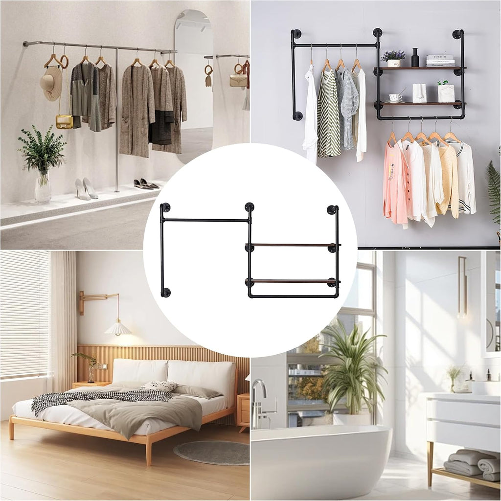 Industrial Pipe Clothing Rack Wall Mounted with 2 Wood Shelves, Heavy Duty Double Rod Garment Rack for Bedroom, Laundry Room & Retail Store, Black, 59 Inch