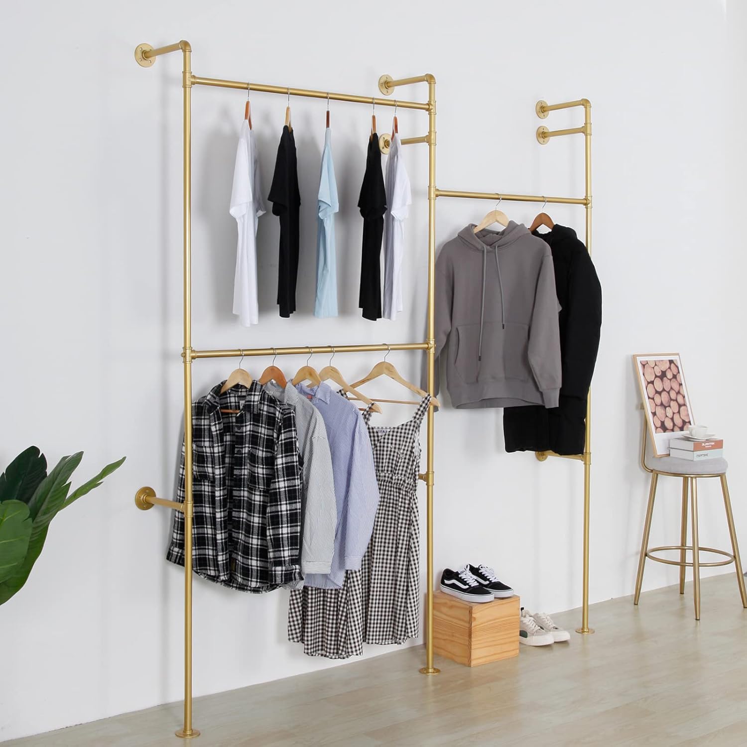 Modern Simple Industrial Pipe Double Hanging Rods Clothing Rack, Clothes Rack Wall Mounted Heavy Duty Hanging Clothes Rack, Detachable Garment Bar 93.7X84inch (Gold)