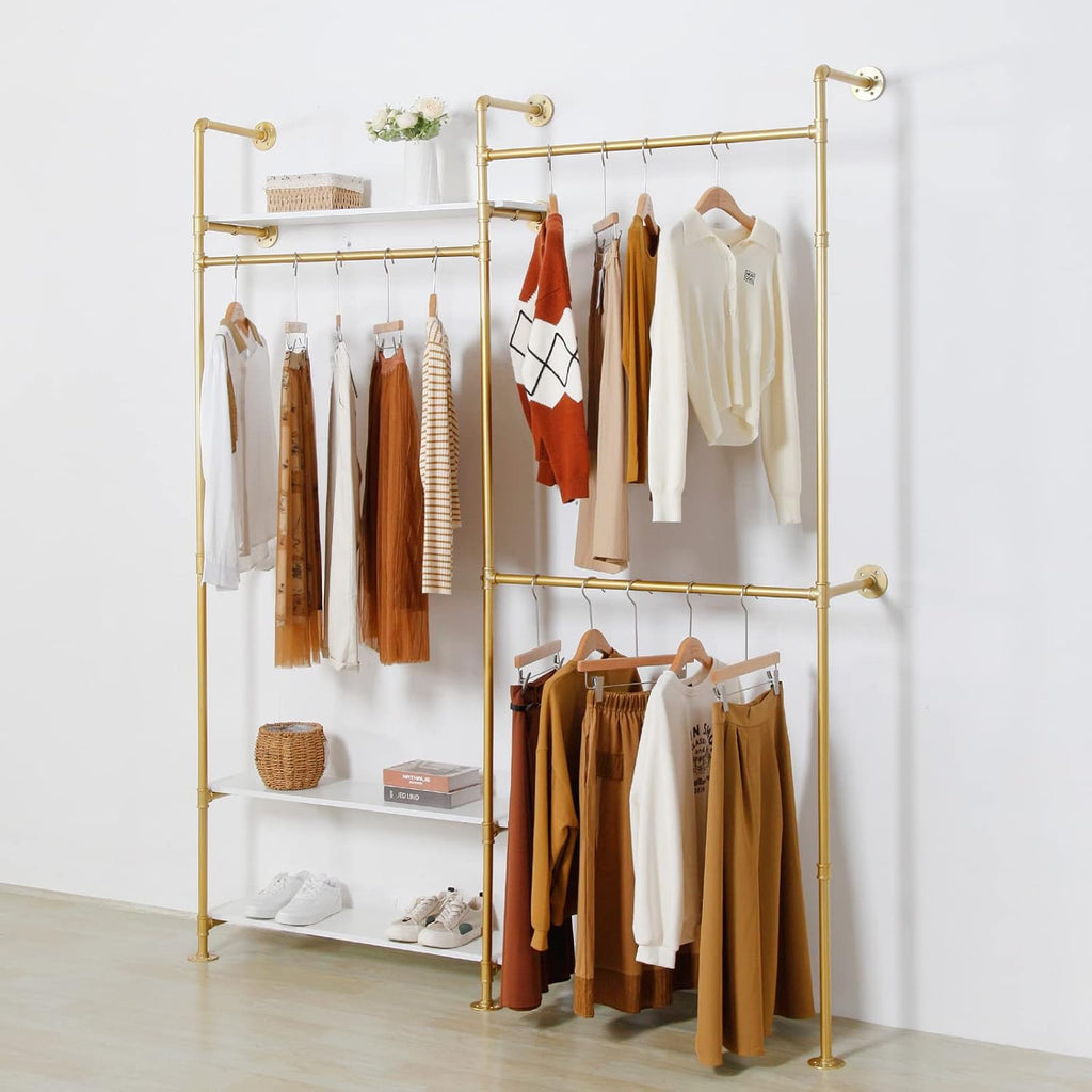 Heavy Duty Industrial Clothing Rack - 3-Tier Wall Mounted Garment Rack with Wood Shelves, Golden Pipe Closet Storage Organizer for Retail Stores & Bedroom (92.1X76.8inch)