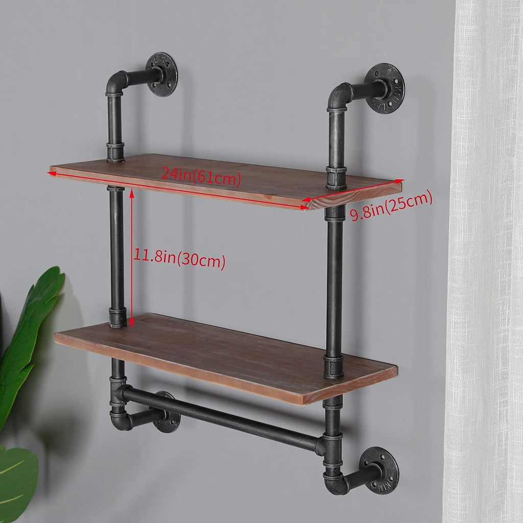 Industrial Pipe Shelving Bathroom Floating Shelves Wall Mounted, 2 Tier 24 inch Rustic Wood Shelf with Towel Bar, Farmhouse Towel Rack Bathroom Shelf Over Toilet