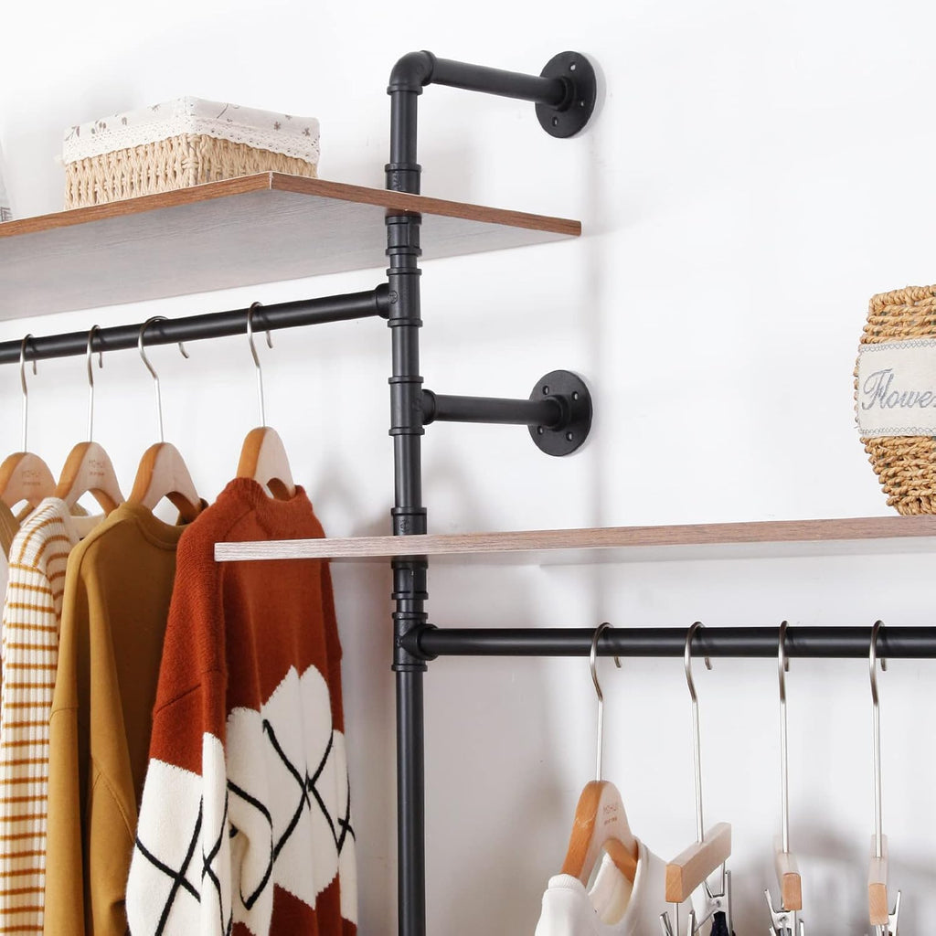 Industrial Pipe Clothing Rack with 2 Shelves, Clothes Rack Wall Mounted Heavy Duty Clothing Store Display Stands Garment Rack Closet System(Black, 96.5x80.7inch)