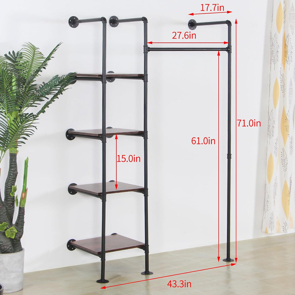Industrial Pipe Clothing Rack with Shelves, 71inch Wall Mounted Closet Storage Racks,Hanging Clothes Retail Display Rack, Garment Racks with Shelves Closet Rods System
