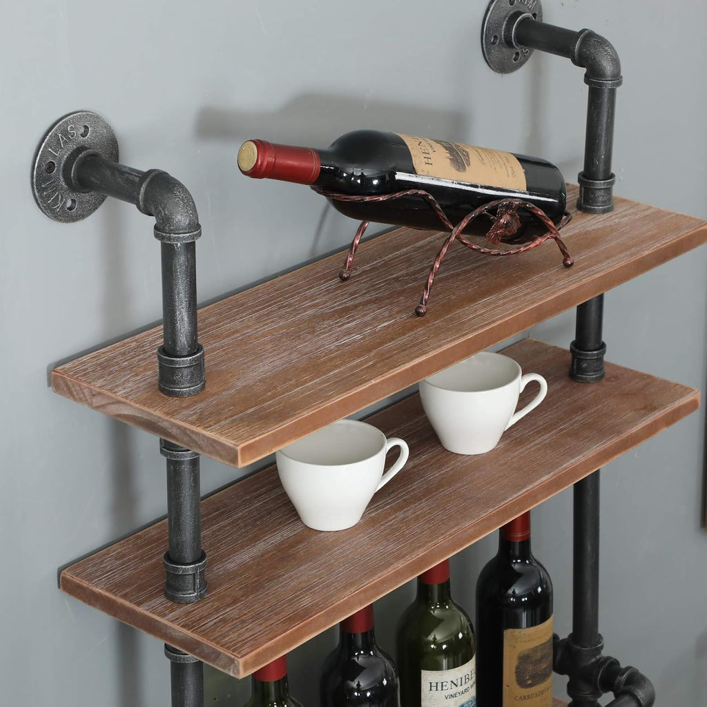 Rustic Wine Rack Wall Mounted Industrial Wine Rack with 4 Stem Glass Holder,24in Real Wood Shelves Kitchen Wall Shelf Unit,3-Tiers Floating Bar Shelves Bottle Holder Storage Shelves