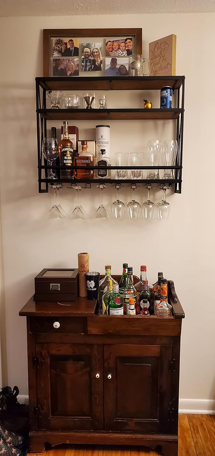 Wall Wine Stemware Glass Rack, 31.5in Wall Mounted Wine Racks with 8 Stem Glass Holders Industrial, 3-Tier Wood Shelf, for Wine Glasses Flutes Mugs Home Kitchen Decor Display Rack