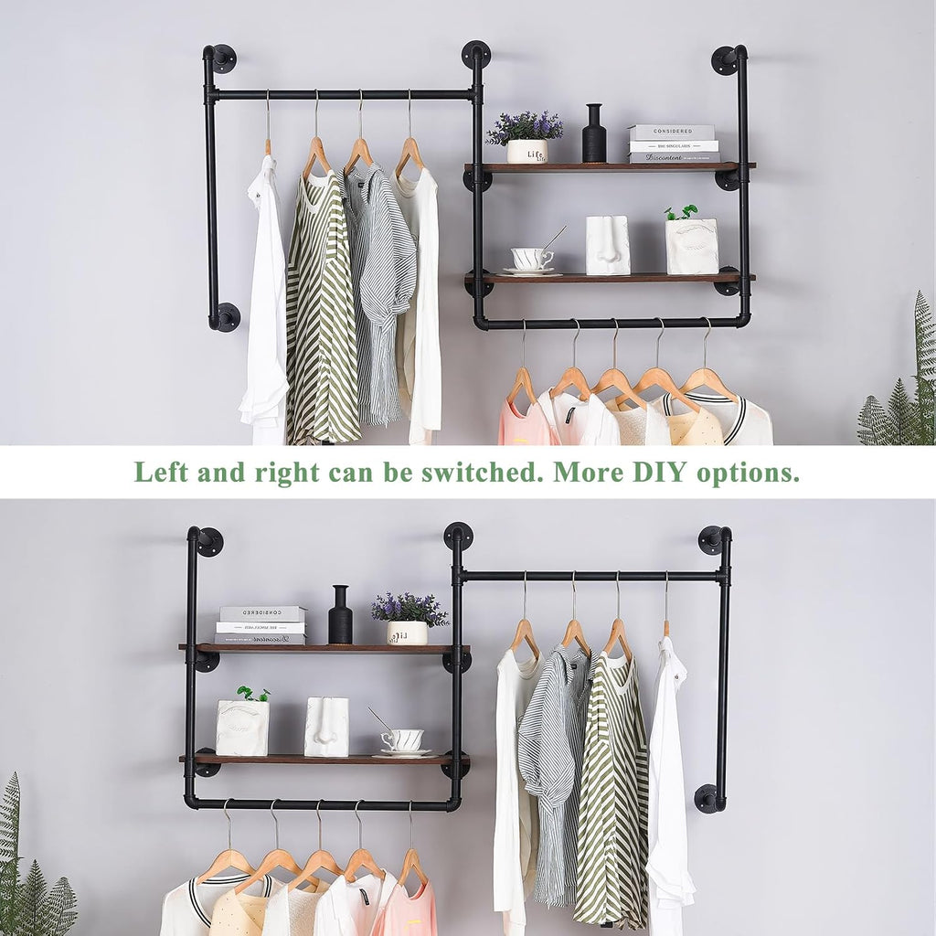 Industrial Pipe Clothing Rack Wall Mounted with 2 Wood Shelves, Heavy Duty Double Rod Garment Rack for Bedroom, Laundry Room & Retail Store, Black, 59 Inch