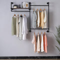 Industrial Pipe Clothing Rack, Wall Mounted Heavy Duty Garment Rack with Wood Shelf, Rustic Metal Closet Organizer for Bedroom, Laundry Room & Retail Store Display, Black, 58”W x 12”D x 46”H
