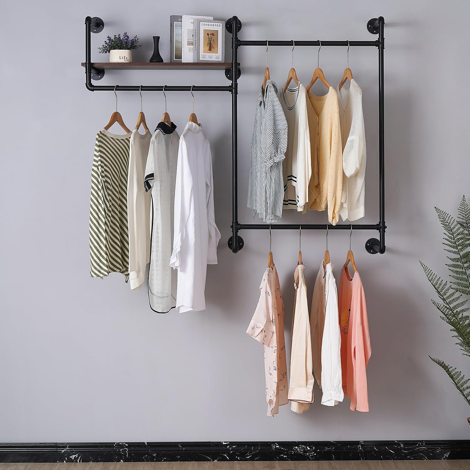 Industrial Pipe Clothing Rack, Wall Mounted Heavy Duty Garment Rack with Wood Shelf, Rustic Metal Closet Organizer for Bedroom, Laundry Room & Retail Store Display, Black, 58”W x 12”D x 46”H