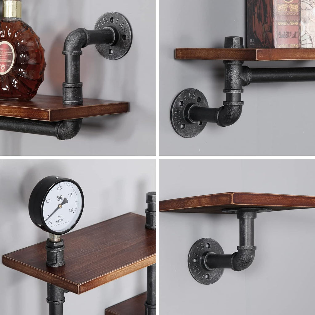 Industrial Rustic Pipe Shelving Floating Shelves Wall Mounted, 5 Laye Modern Wood Ladder Pipe Wall Shelf for Bar Living Room DIY Storage Shelving Bookcase