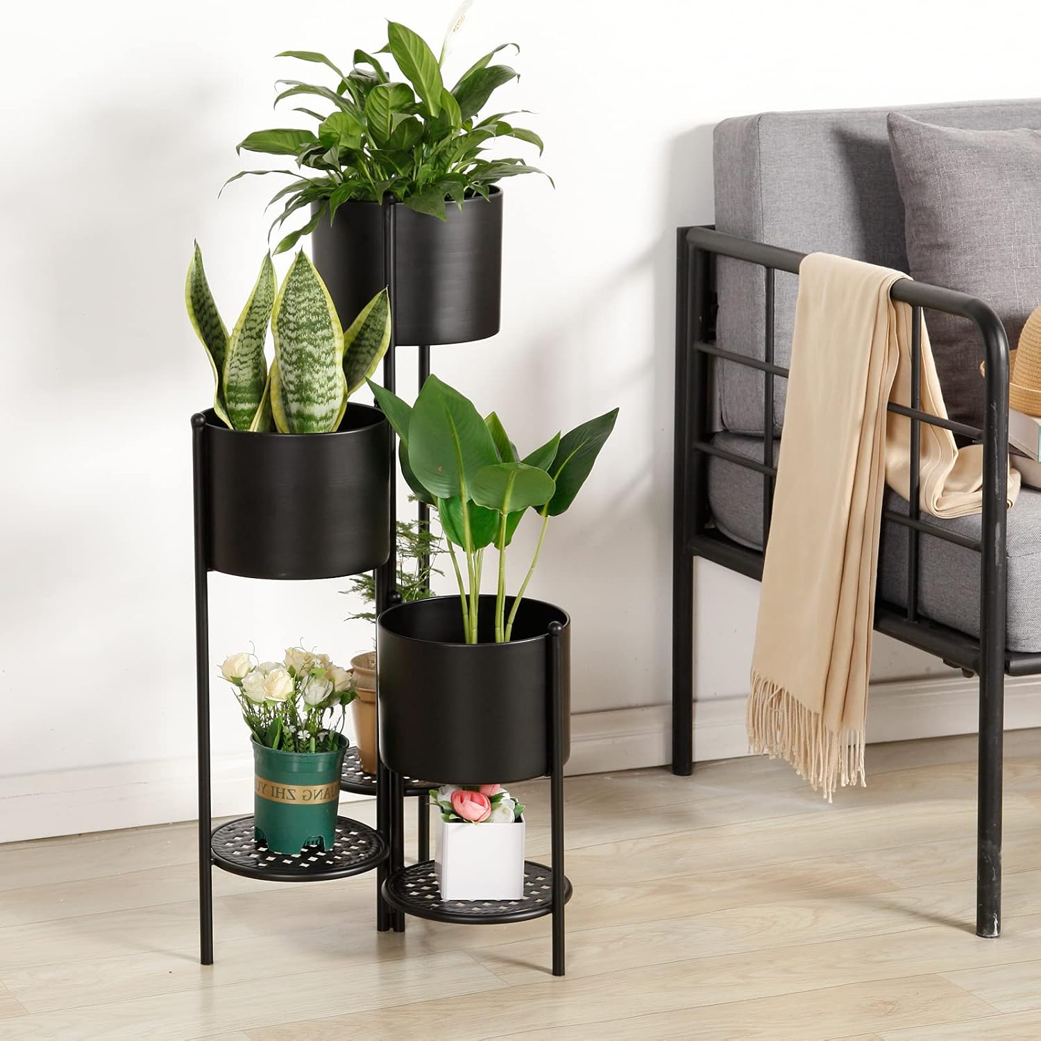 Corner Plant Stand Indoor Metal, 6 Tier 6 Potted Outdoor Flower Pot Stands Holder Shelves for Living Room, Potted Storage Shelf Rack, Decorative Holder Rack for Multiple Plants (Black)