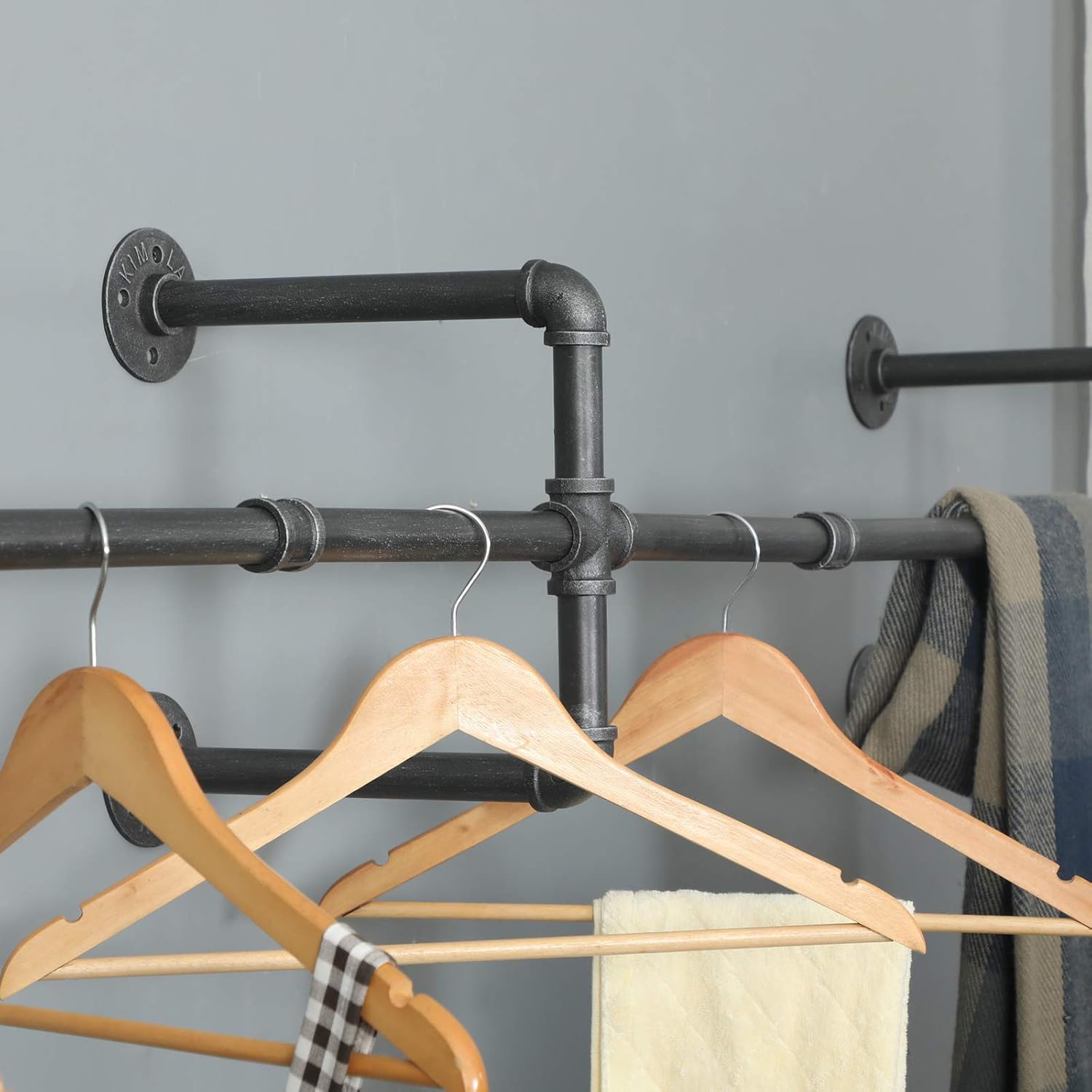 Clothes Rack Closet Rods for Hanging Clothes, Industrial Pipe Wall Mounted Garment Racks 73 in, Space-Saving Heavy Duty Hanging Cloth Rack for Closet Storage 6 Base