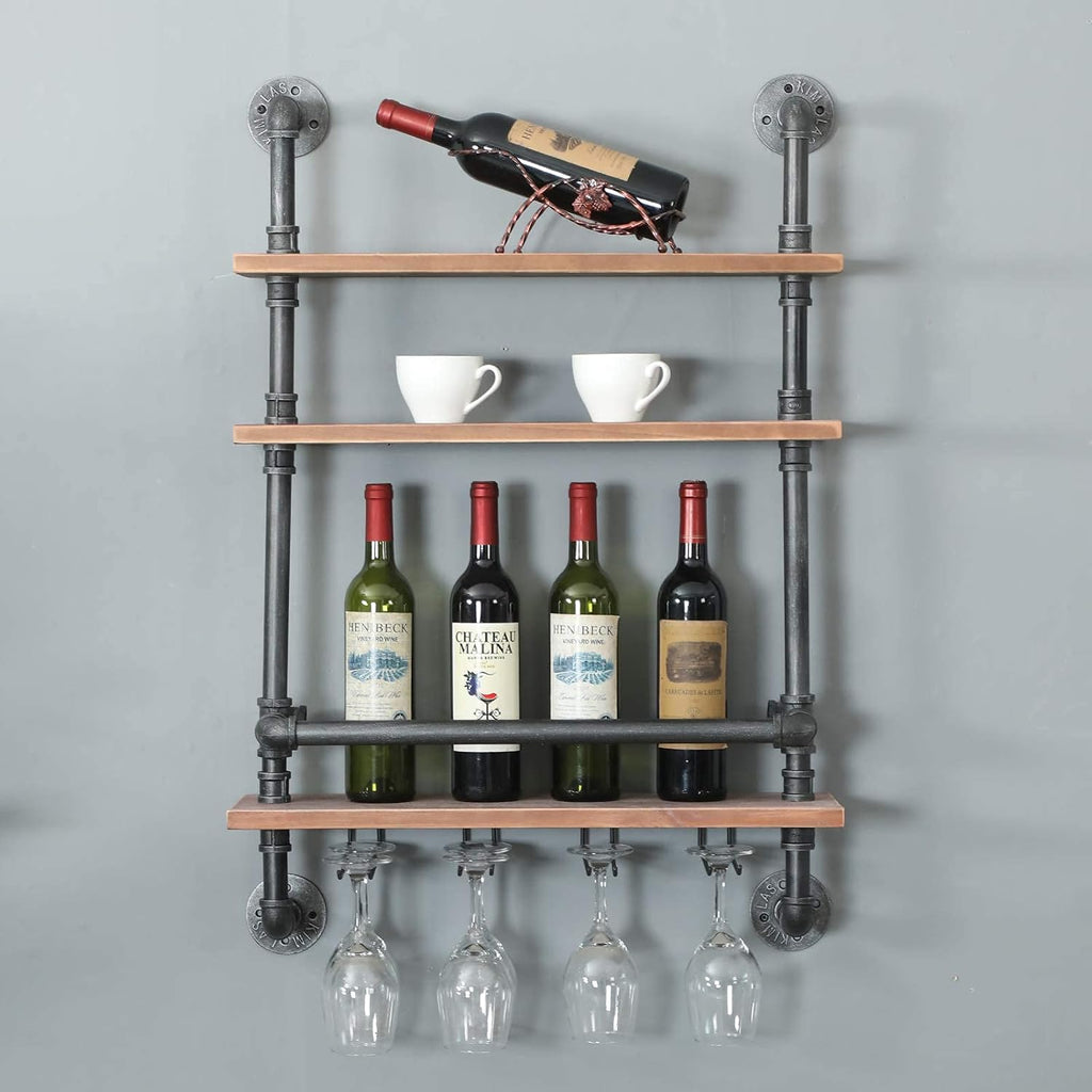 Rustic Wine Rack Wall Mounted Industrial Wine Rack with 4 Stem Glass Holder,24in Real Wood Shelves Kitchen Wall Shelf Unit,3-Tiers Floating Bar Shelves Bottle Holder Storage Shelves