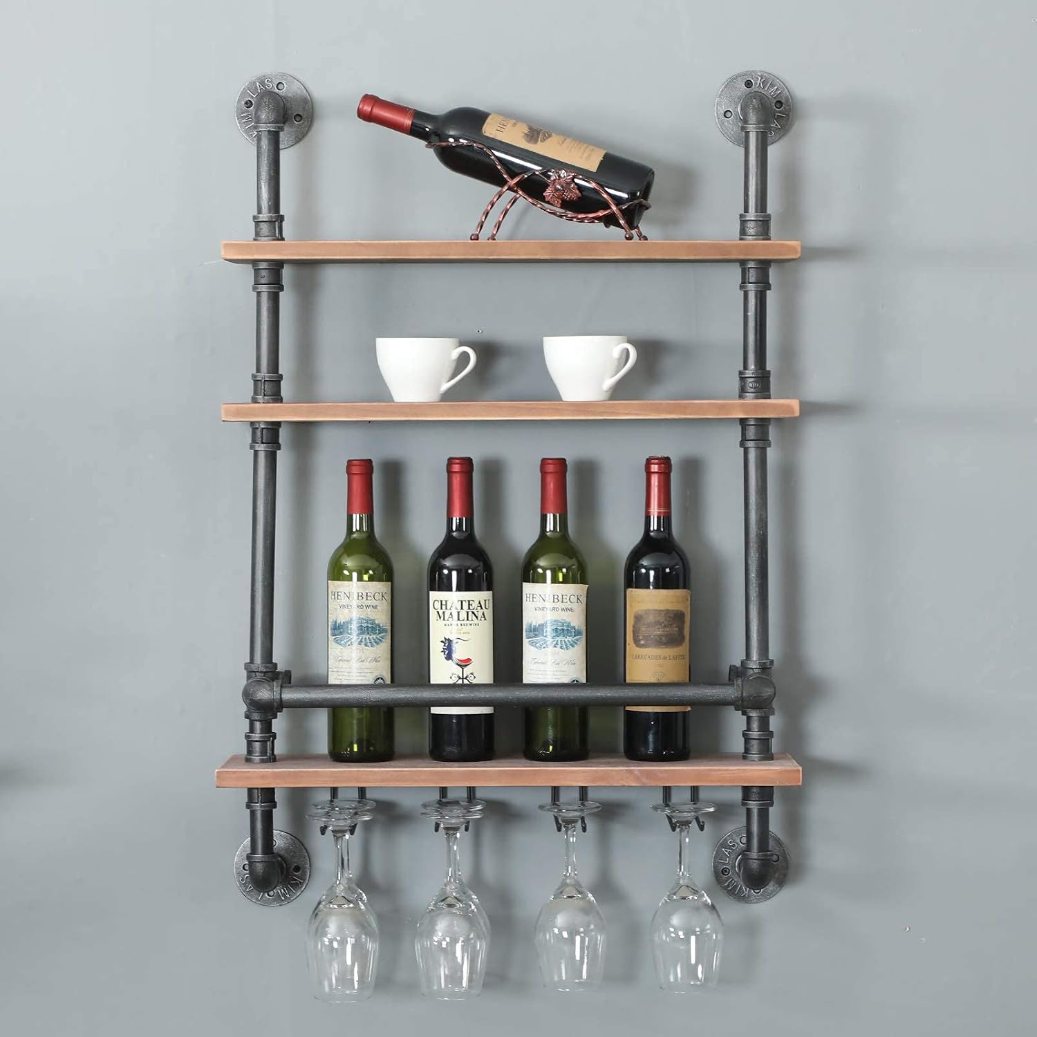 Rustic Wine Rack Wall Mounted Industrial Wine Rack with 4 Stem Glass Holder,24in Real Wood Shelves Kitchen Wall Shelf Unit,3-Tiers Floating Bar Shelves Bottle Holder Storage Shelves