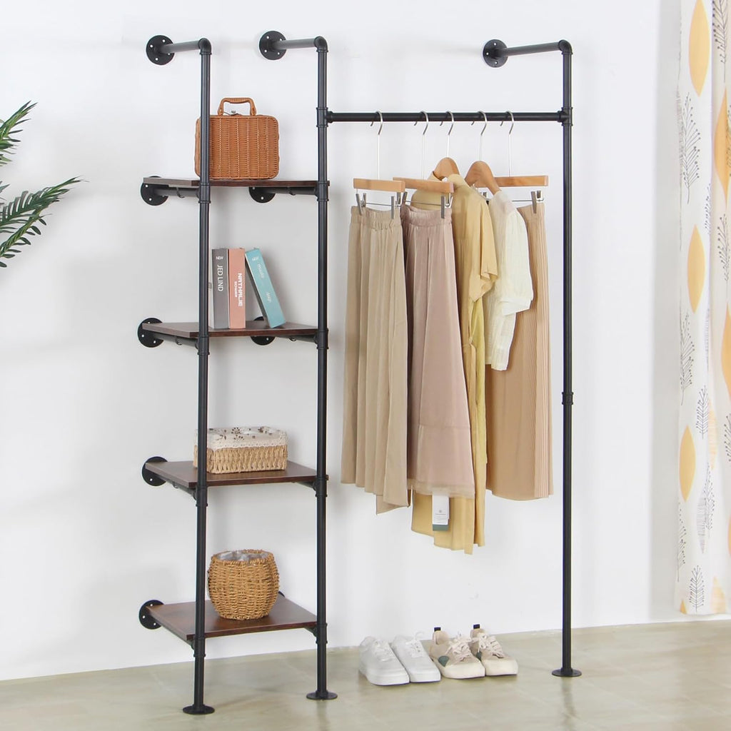 Industrial Pipe Clothing Rack with Shelves, 71inch Wall Mounted Closet Storage Racks,Hanging Clothes Retail Display Rack, Garment Racks with Shelves Closet Rods System