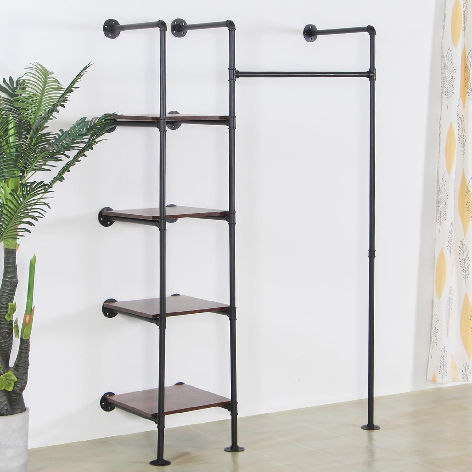 Industrial Pipe Clothing Rack with Shelves, 71inch Wall Mounted Closet Storage Racks,Hanging Clothes Retail Display Rack, Garment Racks with Shelves Closet Rods System