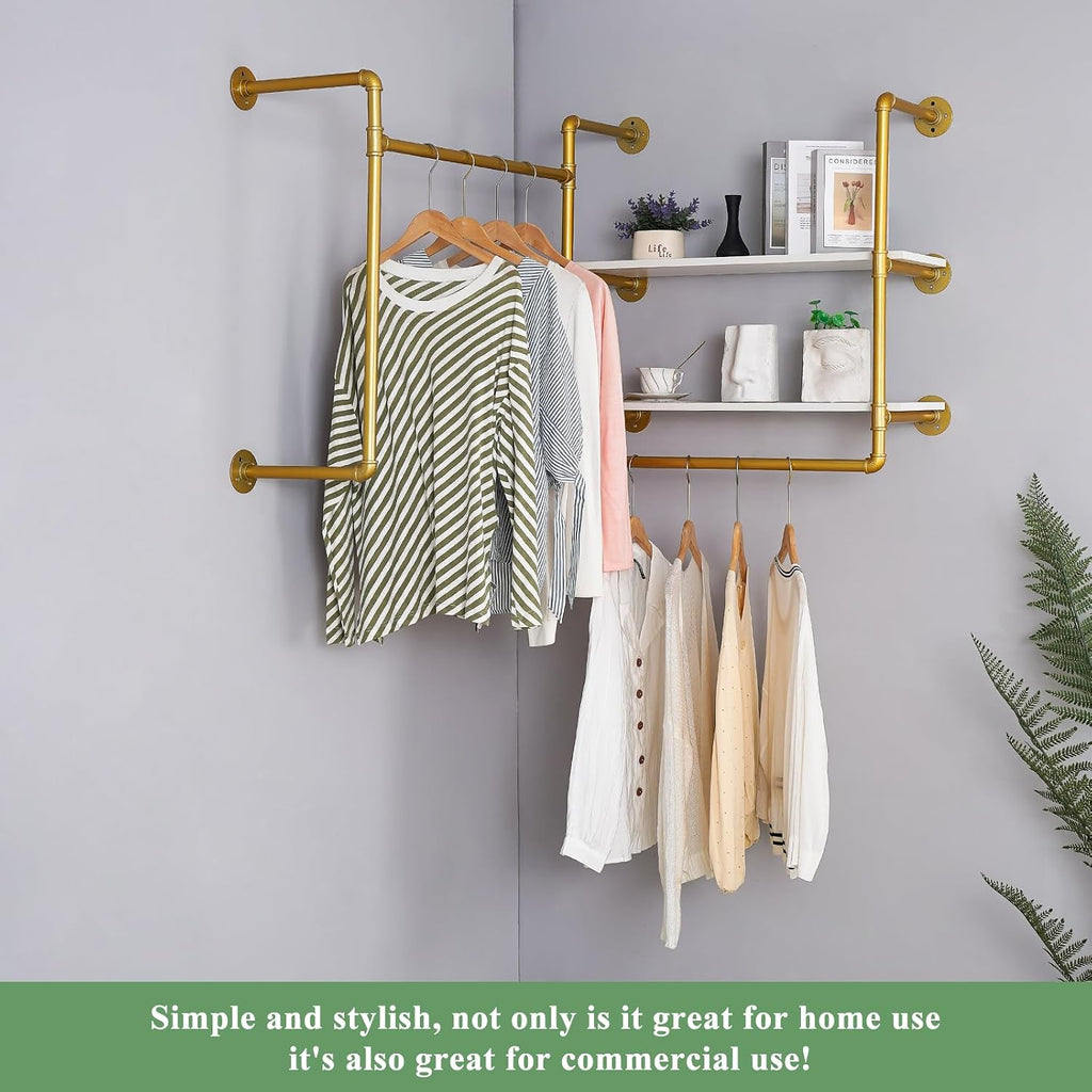Industrial Pipe Clothing Rack Wall Mounted with 2 Wood Shelves, Heavy Duty Double Rod Garment Rack for Bedroom, Laundry Room & Retail Store, Gold, 59 Inch