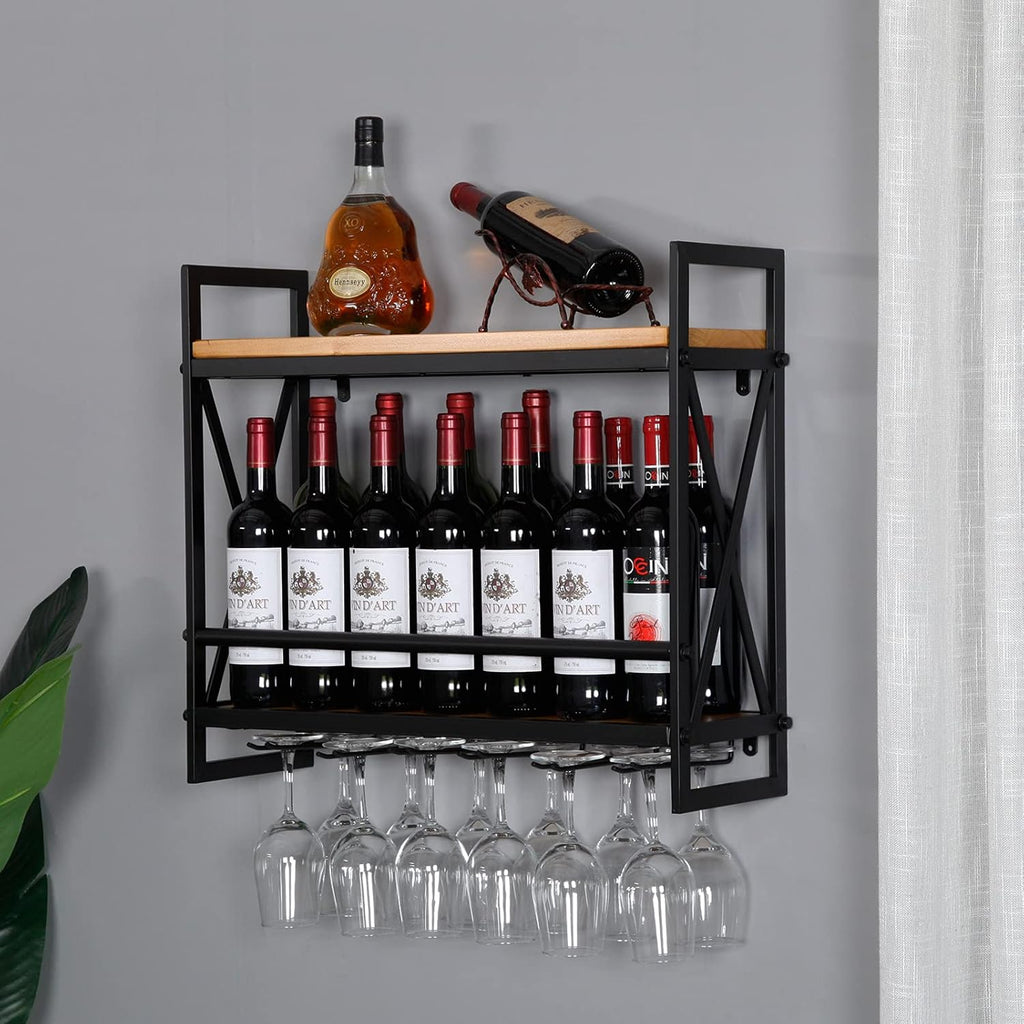 Wall Wine Stemware Glass Rack, 23.6in Wall Mounted Wine Racks with 6 Stem Glass Holders Industrial, 2-Tier Wood Shelf, for Wine Glasses Flutes Mugs Home Kitchen Decor Display Rack