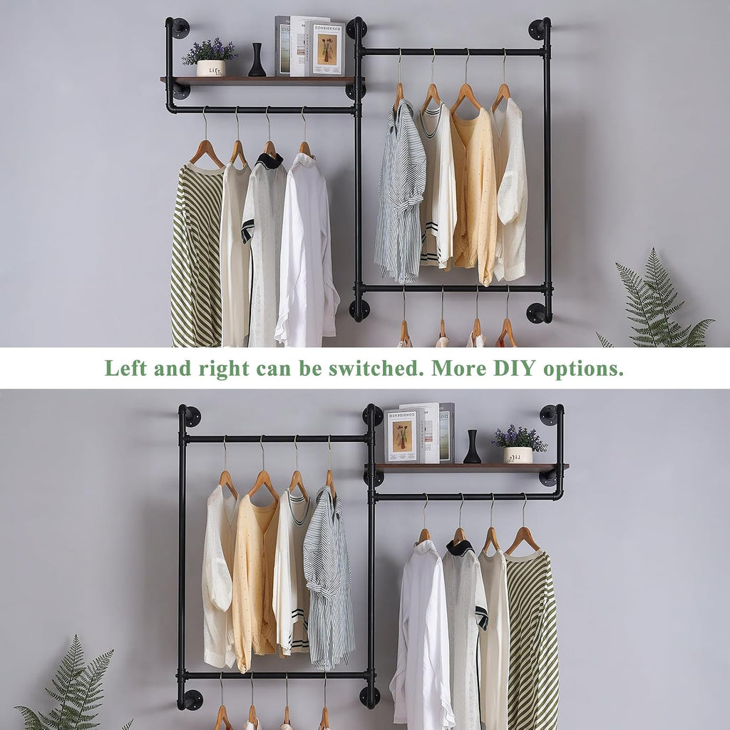Industrial Pipe Clothing Rack, Wall Mounted Heavy Duty Garment Rack with Wood Shelf, Rustic Metal Closet Organizer for Bedroom, Laundry Room & Retail Store Display, Black, 58”W x 12”D x 46”H