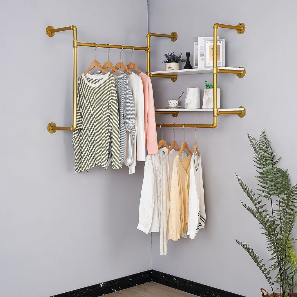 Industrial Pipe Clothing Rack Wall Mounted with 2 Wood Shelves, Heavy Duty Double Rod Garment Rack for Bedroom, Laundry Room & Retail Store, Gold, 59 Inch