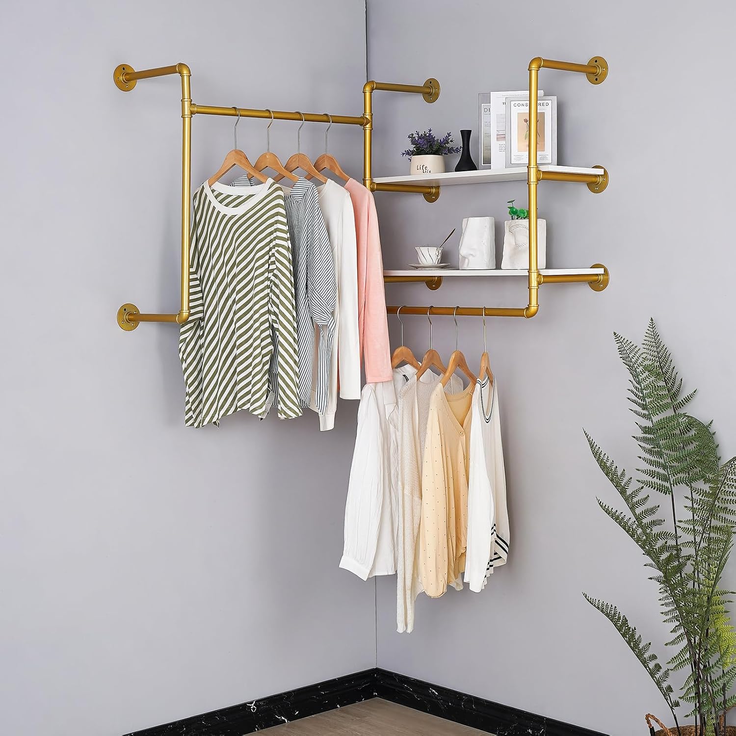 Industrial Pipe Clothing Rack Wall Mounted with 2 Wood Shelves, Heavy Duty Double Rod Garment Rack for Bedroom, Laundry Room & Retail Store, Gold, 59 Inch