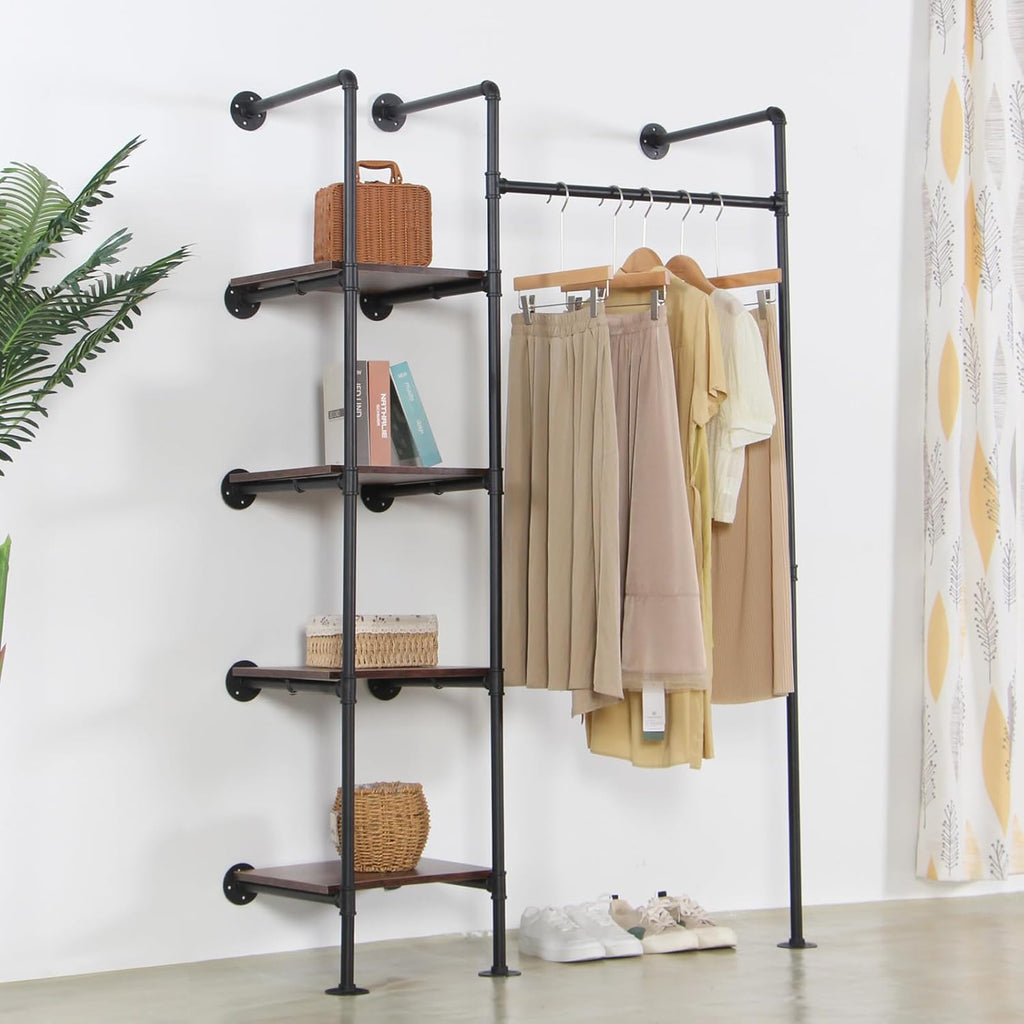 Industrial Pipe Clothing Rack with Shelves, 71inch Wall Mounted Closet Storage Racks,Hanging Clothes Retail Display Rack, Garment Racks with Shelves Closet Rods System