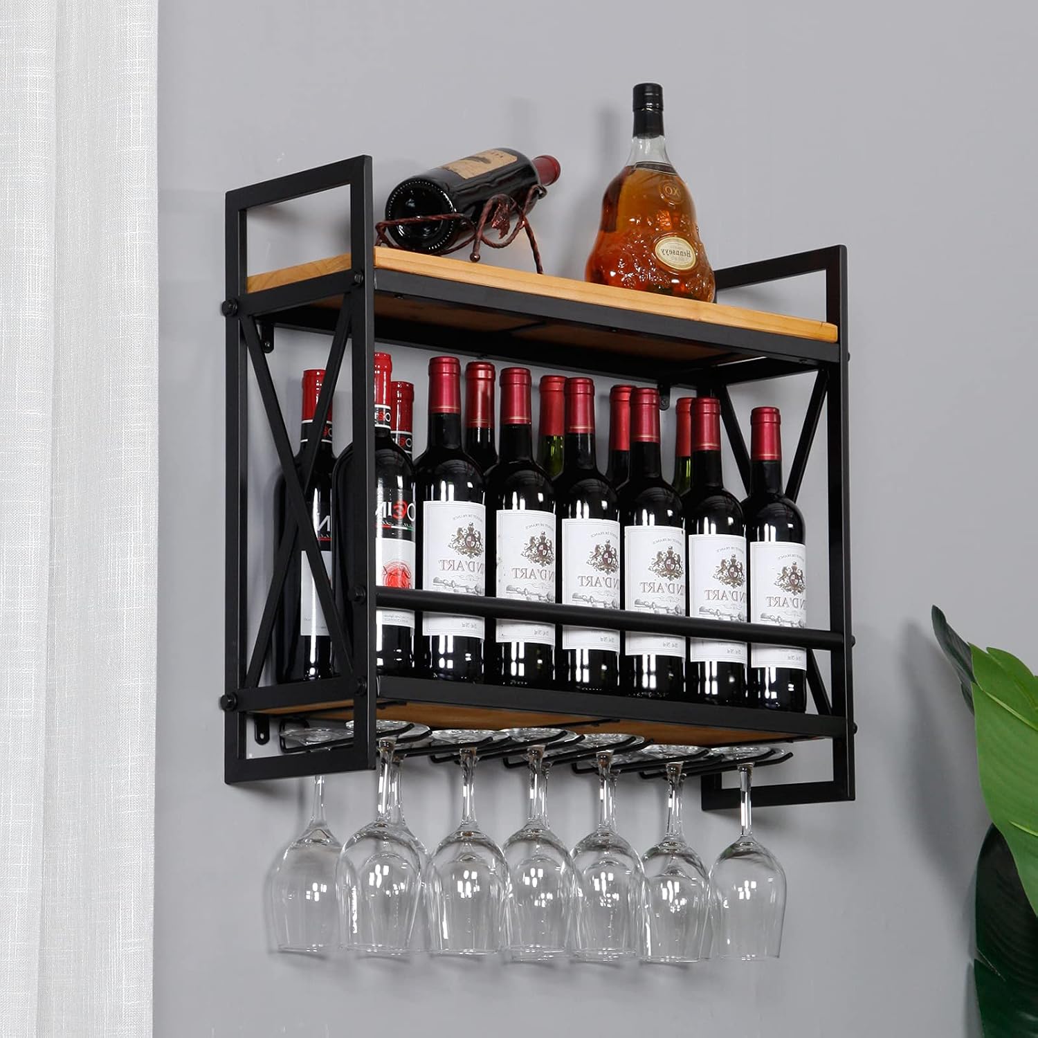 Wall Wine Stemware Glass Rack, 23.6in Wall Mounted Wine Racks with 6 Stem Glass Holders Industrial, 2-Tier Wood Shelf, for Wine Glasses Flutes Mugs Home Kitchen Decor Display Rack